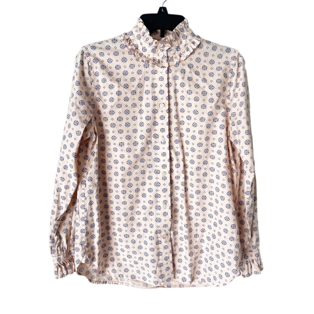 J. Crew Classic Fit Ruffle Neck Top Medallion Print Size 4 Victorian Heritage